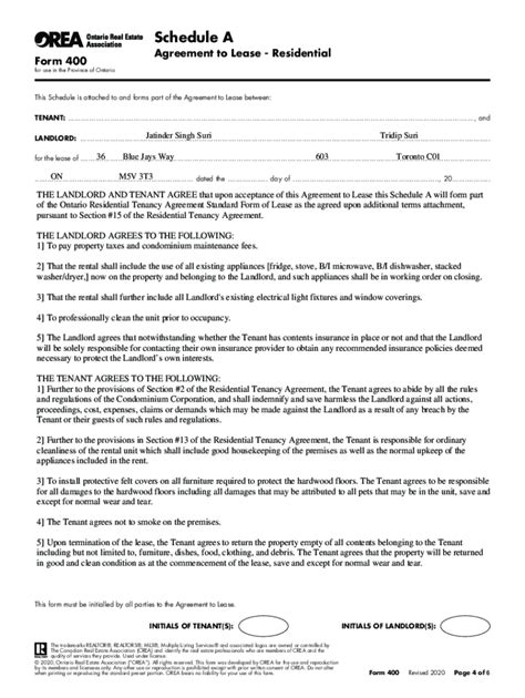The OREA form might make sense to use as a template for the "additional terms" section, but keep in mind 98 of the things most landlords include in there are unenforceableillegal and you should check to see whether you can totally ignore them (things like fees for extra guests, that its your job to shovel the driveway, no pets, etc). . Orea form 400